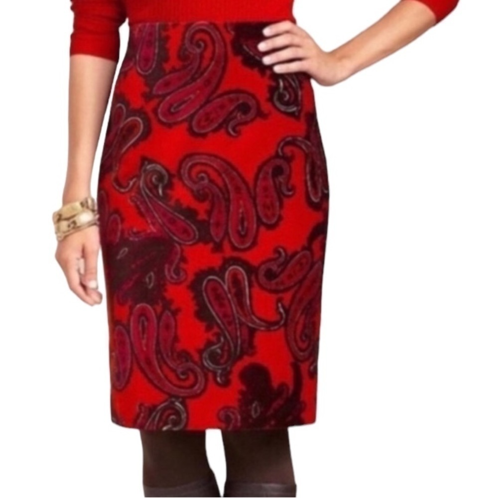 TALBOTS Orange Velvet Purple Paisley Pencil Midi Skirt Size 2